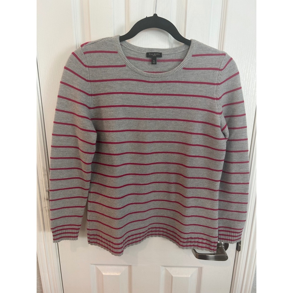 Talbots Sweater Grey Pink Striped Petites Cotton Cashmere Knit Crewneck Top